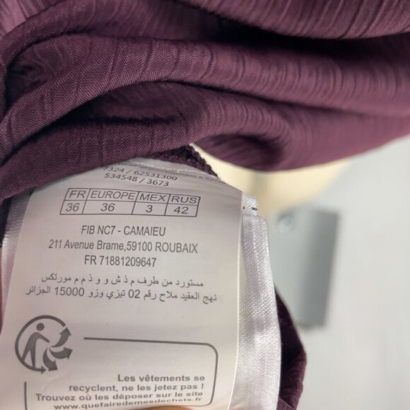 CAMAIEU French Satin Ruched Gatered Waist Long sleeves Eggplant Mini Dress sz 36 - Picture 7 of 7